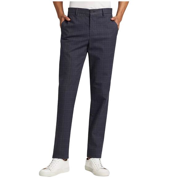 Saks Fifth Avenue 31 NEW Mens Slim Fit Plaid Trousers Navy Blue Career Tailored - Picture 1 of 10